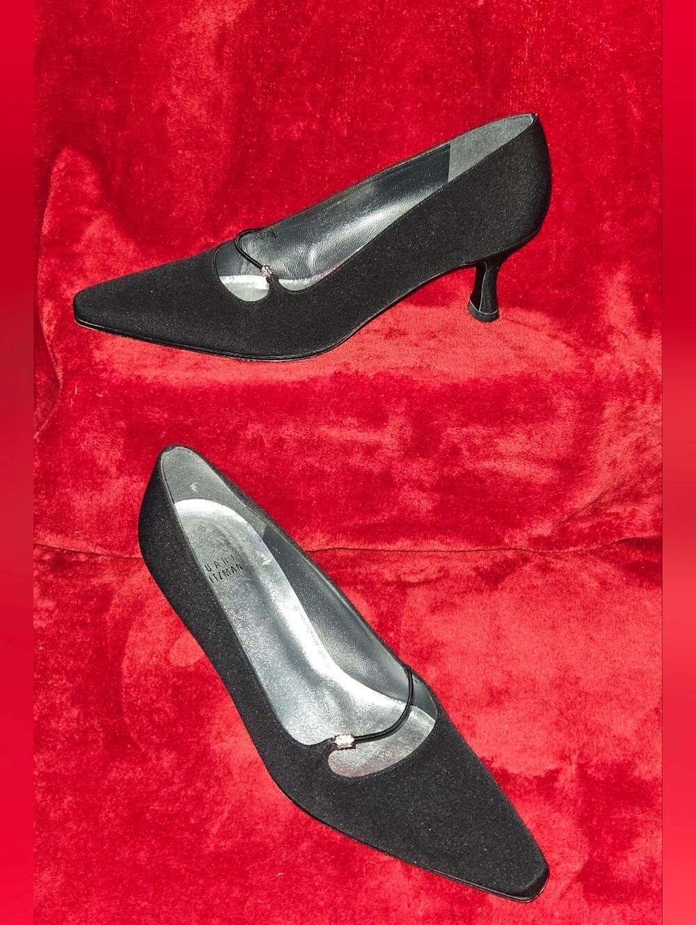 Stuart Weitzman Black Silk Kitten Heel Pump w/Thin Strap & Rhinestone -Size 6.5